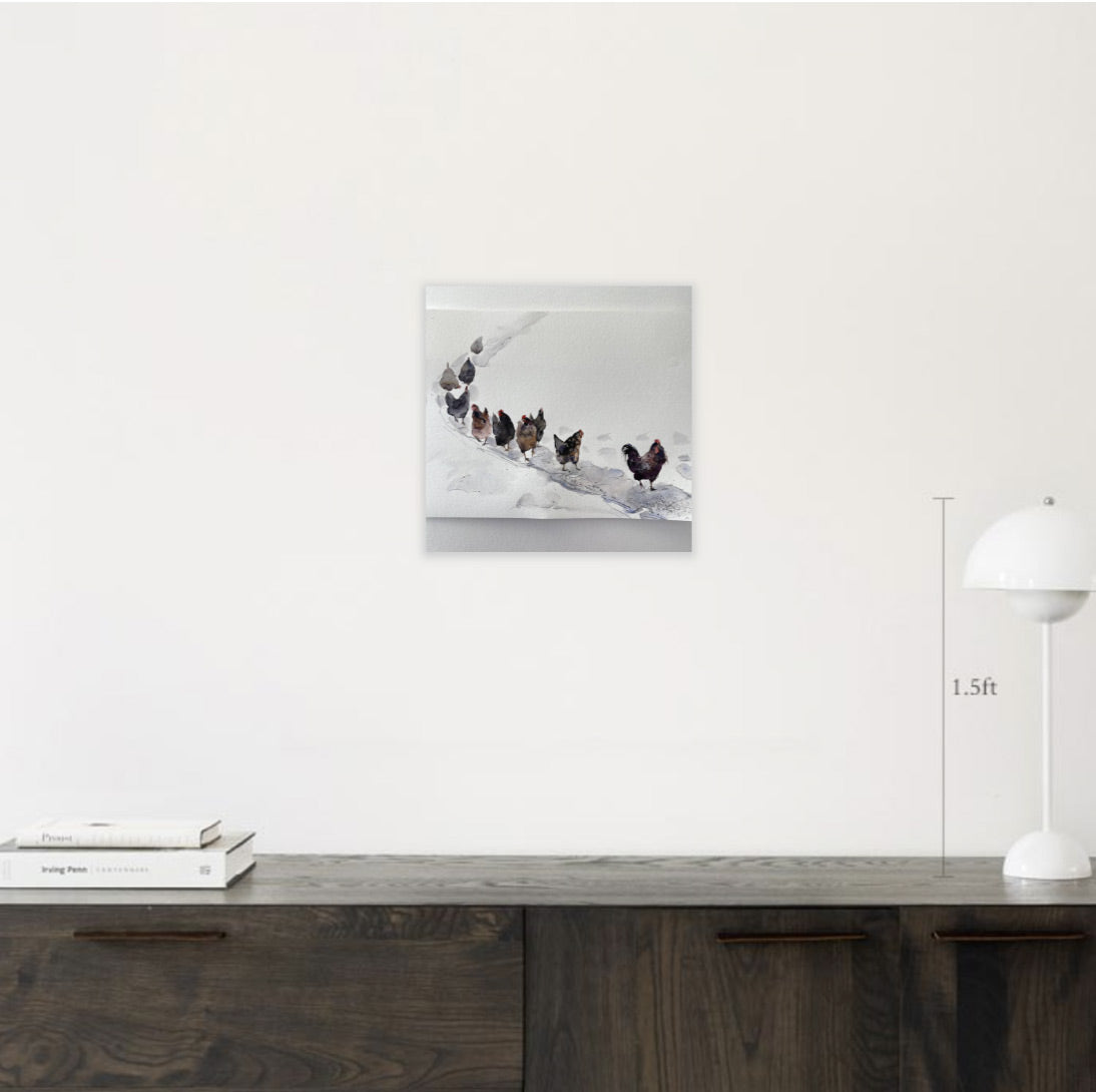 Chickens Winter Walk Painting