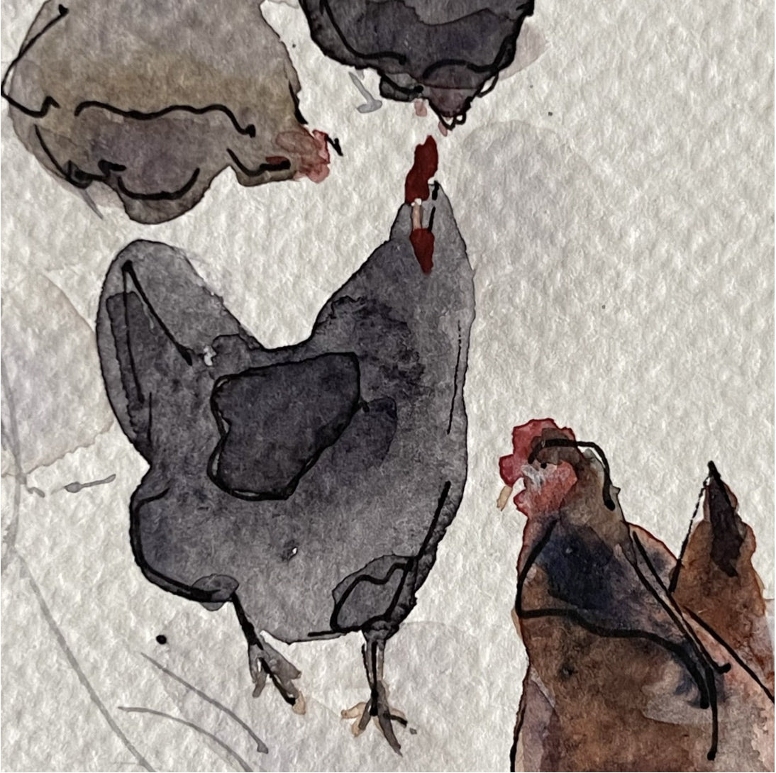 Chickens Winter Walk Painting