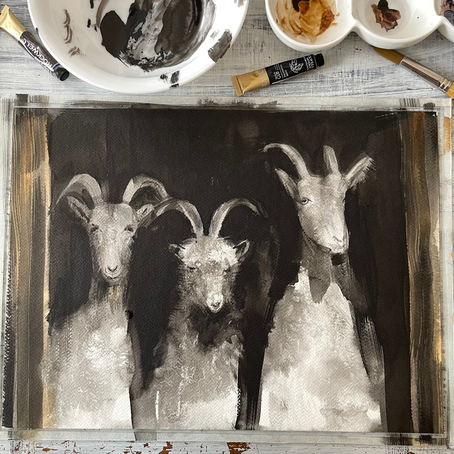 Three Goats in a Row Peeking from the Barn