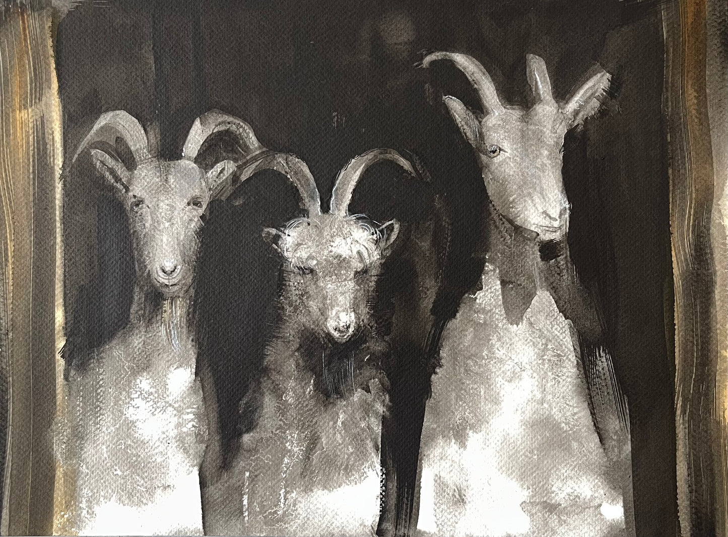 Three Goats in a Row Peeking from the Barn