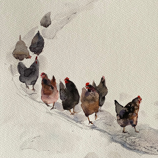 Chickens Winter Walk Painting