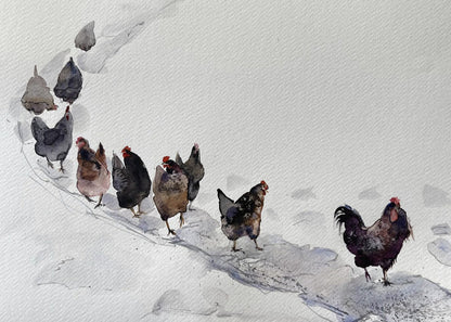 Chickens Winter Walk Painting