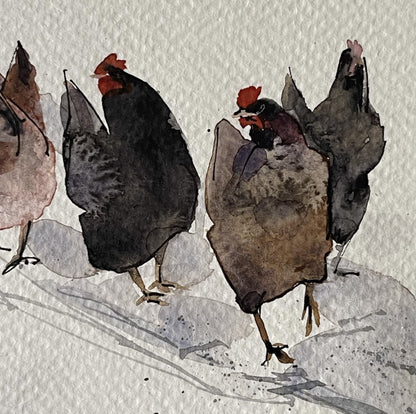 Chickens Winter Walk Painting