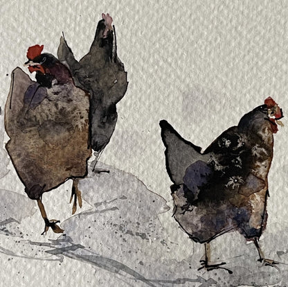 Chickens Winter Walk Painting