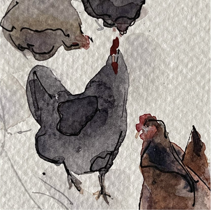 Chickens Winter Walk Painting