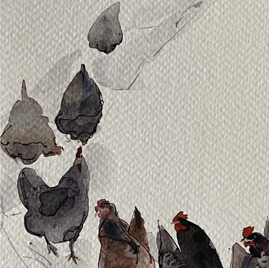 Chickens Winter Walk Painting