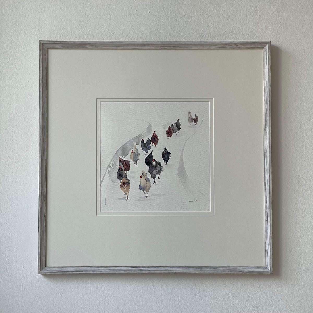 Chickens on the Move Framed Watercolour Painting