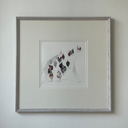 Chickens on the Move Framed Watercolour Painting