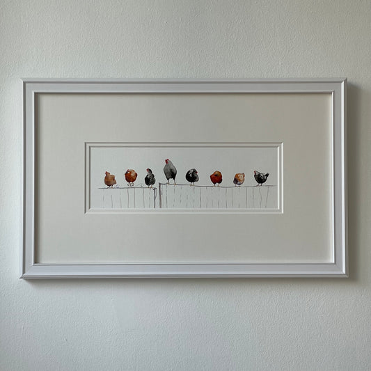 Chickens on a Fence – Framed Watercolour Artwork