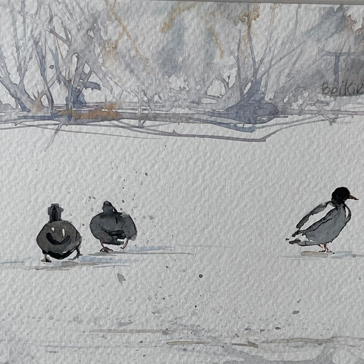 Ducks on a Snowy Field