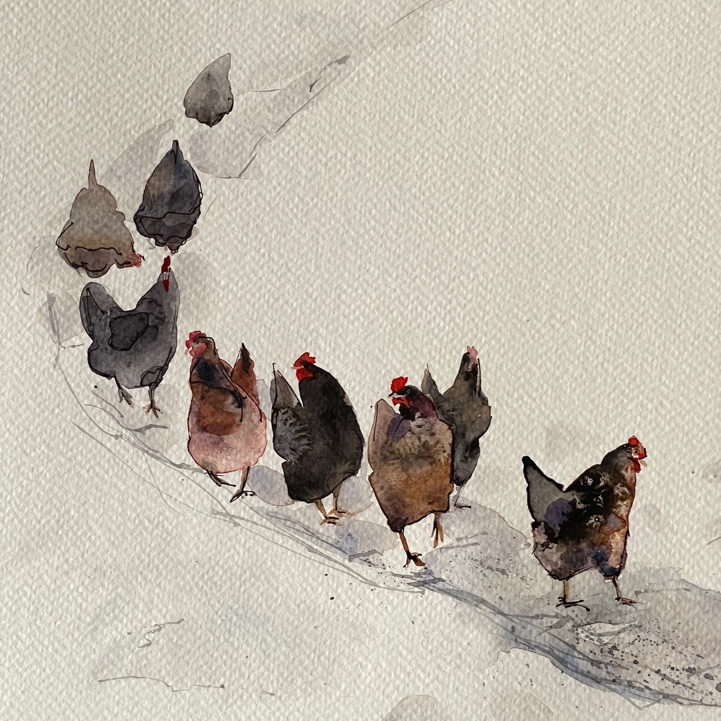 Chickens Winter Walk Painting