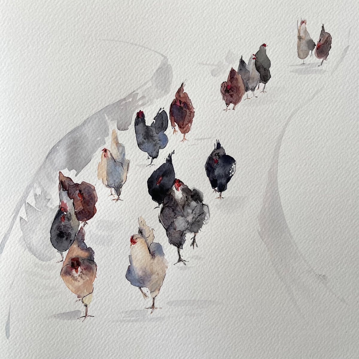 Chickens on the Move Framed Watercolour Painting