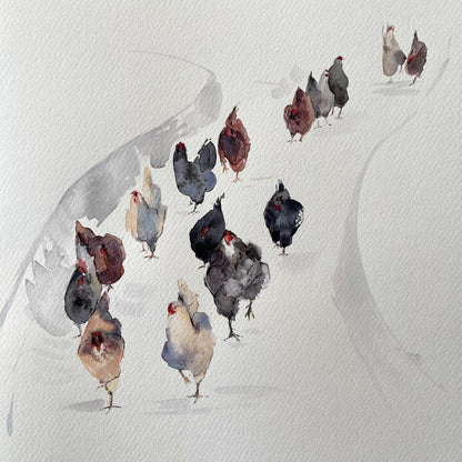 Chickens on the Move Framed Watercolour Painting